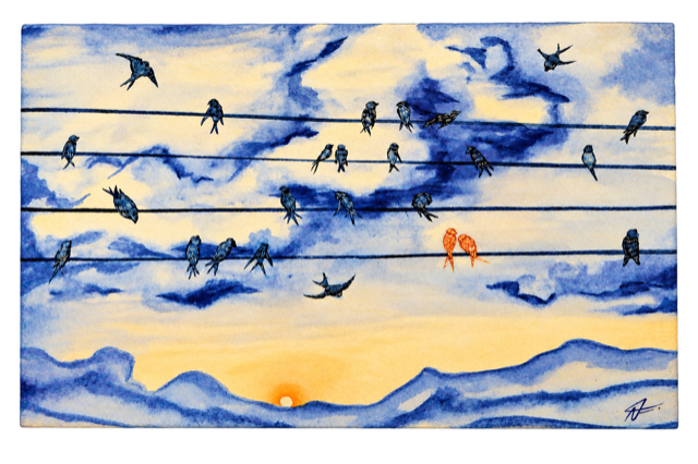 Pintura de pássaros sobre fios diante de uma paisagem azul ao entardecer