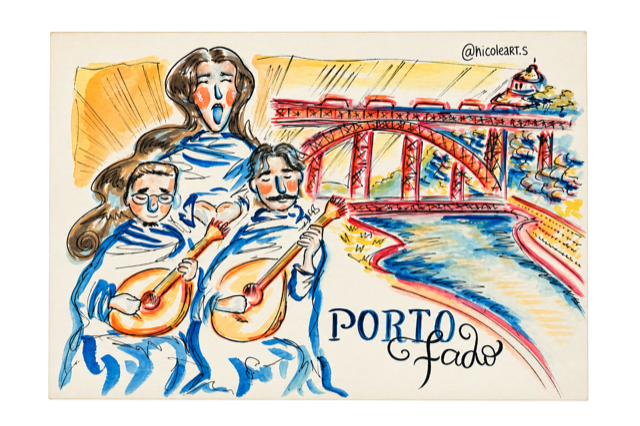 Ilustração colorida de músicos de fado junto à Ponte Luís I no Porto