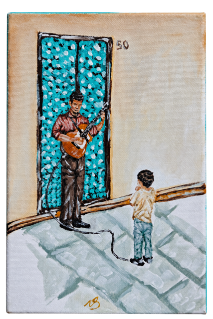 Pintura vertical de um músico a tocar guitarra diante de uma criança