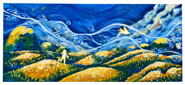 Pintura panorâmica de uma menina num campo dourado sob pássaros e correntes de vento azuis
