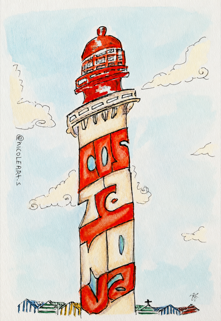 Aguarela vertical de um farol vermelho e branco na Costa Nova