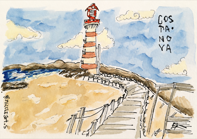 Aguarela de um caminho de madeira até ao farol da Costa Nova